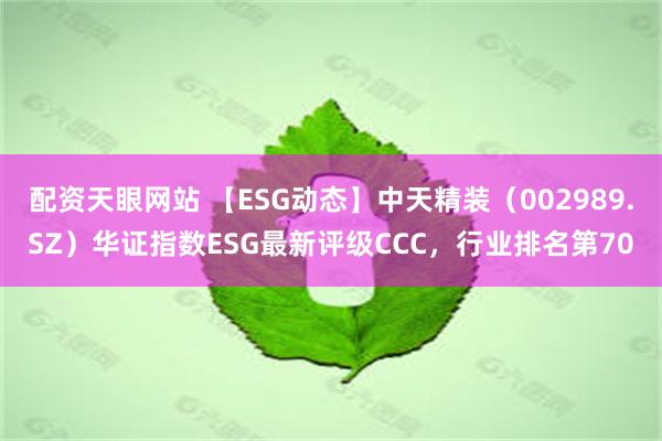 配资天眼网站 【ESG动态】中天精装（002989.SZ）华证指数ESG最新评级CCC，行业排名第70